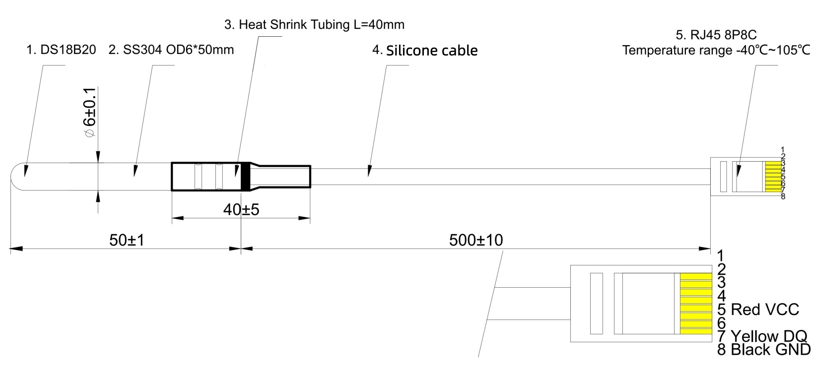Digitaler Temperatursensor DS18B20 — 1-Wire-Schnittstelle, Wasserdicht, RJ45-Steckverbinder