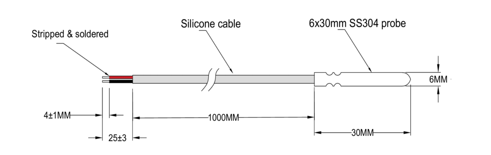 Digitaler Temperatursensor DS18B20 — 2-Leiter-Ausführung, Wasserdicht, Silikonkabel