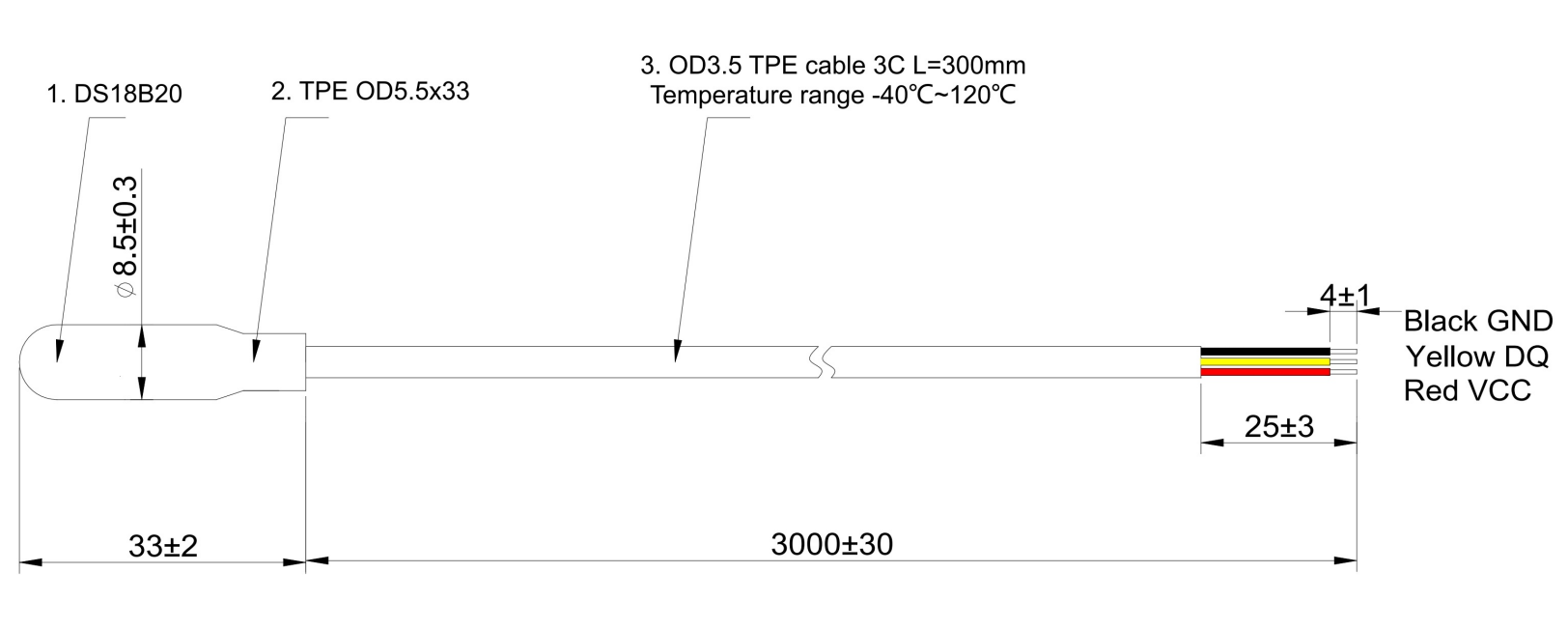 Digitaler Temperatursensor „DS18B20“ mit umspritzter Sonde und TPE-Kabel