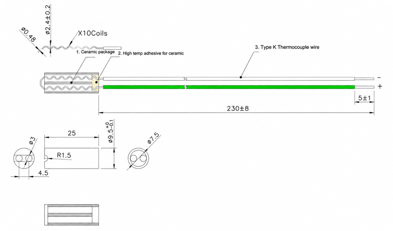 Keramische Thermoelement-Sonde vom Typ K 300–1200°C