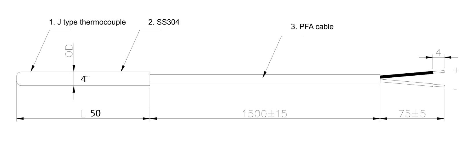 Typ-J-Thermoelement-Sonde mit PTFE/PFA Kabel – Edelstahl