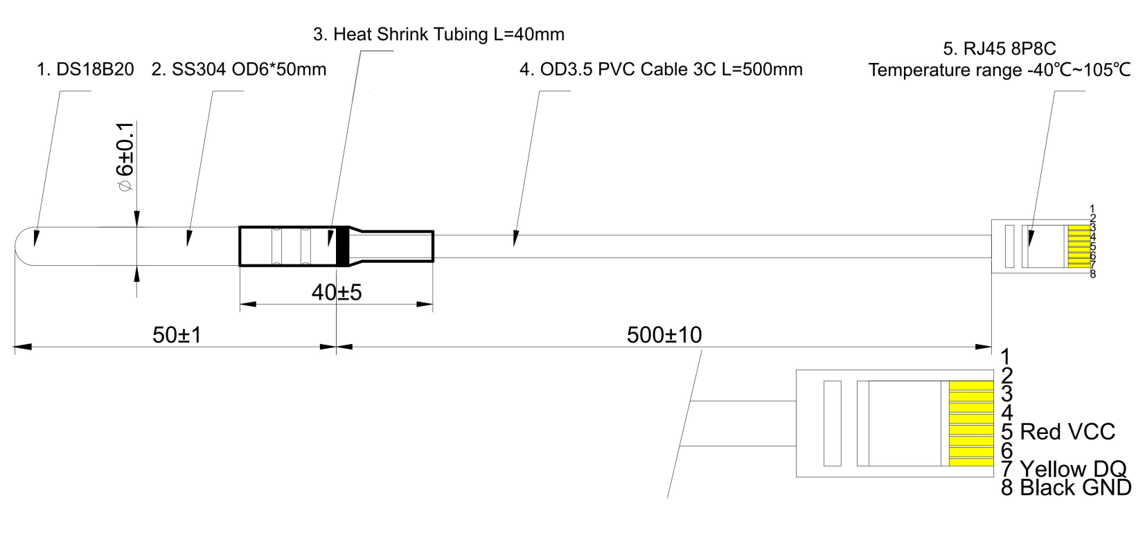 Digitaler Temperatursensor DS18B20 — 1-Wire-Schnittstelle, Wasserdicht, RJ45-Steckverbinder