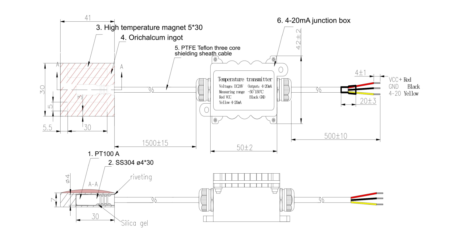 RTD-Temperatursensor PT100 — 4–20mA-Messumformer und Magnetbefestigung